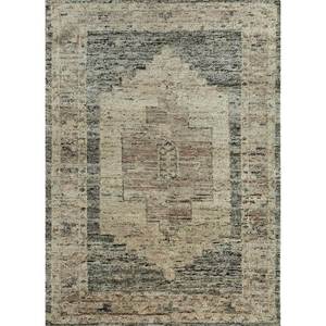 AKWL-1046 Tapis en laine noué à la main, gris thym et noir, motif médaillon abstrait, 9x12, rectangulaire, moelleux, pour couloir, pour adolescents, viscose, fait main - Product Image 1