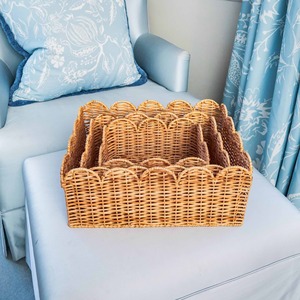 <b>Rectangle</b> Scalloped Rattan <b>Baskets</b> Set of 3 Handmade <b>Storage</b> <b>Basket</b> Wholesale eco-friendly Made in Viet Nam - Product Image 4