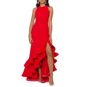 2026 usine personnalisé élégant formel Banquet col rond sans manches irrégulière fente jupe rouge Banquet femmes robes de <span class=keywords><strong>soirée</strong></span> - Product Image 1