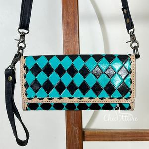 2025 Trending Women's Hand Tooled Checkered Leather Small Crossbody Clutch Bag Fashionable Design Daily Durable Wristlet Handbag - Product Image 1