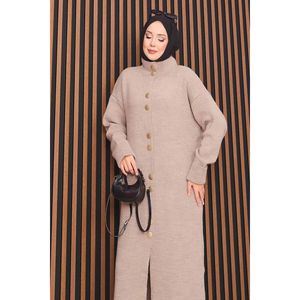 Cardigan hijab long couleur vison avec boutons dorés, style décontracté, imprimé jacquard en laine et cachemire pour l'automne, l'hiver et l'été - Product Image 2