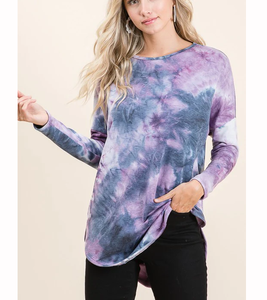 Fourniture en gros T-shirt à manches longues et col en O pour femmes, bleu denim, respirant, style décontracté, teinture par cravate, épaules dénudées - Product Image 1