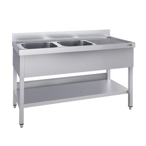 อ่างล้างจานสแตนเลสเชิงพาณิชย์ ECO - 1400x700 มม. - อ่างคู่ด้านซ้าย - พร้อมชั้นวางด้านล่าง - พร้อมขาตั้ง - Product Image 1