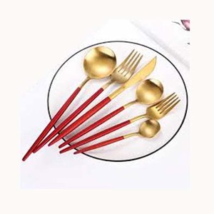 Juego de Cubiertos de mango rojo con aspecto de palillos chapados en oro de acero inoxidable de la más alta calidad, tenedor de boda, cuchillo y cuchara - Product Image 1