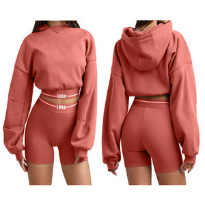 Nuevo diseño de impresión Sudadera con capucha de manga larga tela sólida multicolor Crop Top y conjunto de sudaderas cortas sueltas para mujer - Product Image 3