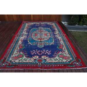 Tapis turc vintage surdimensionné en laine rouge 7x11 pieds, design patchwork écologique avec envers en latex - Product Image 1