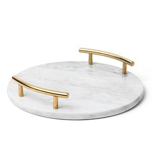 Home Decoration Natural Marble <b>Serving</b> <b>Tray</b> Luxury Gold Handles <b>Round</b> Hotel Bathroom White Marble <b>Tray</b> - Product Image 1