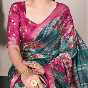 Haute qualité Tussar soie Viscose bordure imprimé Saree chemisier non cousu pièce dernière conception traditionnelle pour mariage et fête porter - Product Image 1
