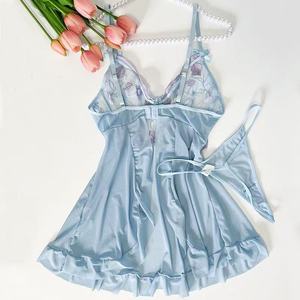 Robe de lingerie babydoll <span class=keywords><strong>en</strong></span> dentelle bleu clair à imprimé lèvres, <span class=keywords><strong>nuisette</strong></span> <span class=keywords><strong>en</strong></span> maille à fines bretelles avec nœud - Product Image 2