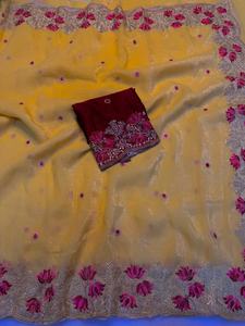 Soft crunchy <b>silk</b> saree with embroidery therd matching work with contrast embroidery work blouse - Product Image 5