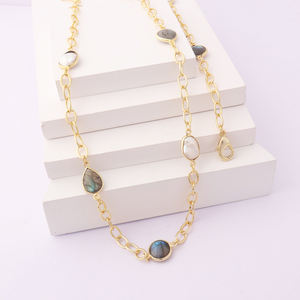 Modern Jewelry Genuine Fire Labradorite & Freshwater Pearl Bezel Setting <b>Necklace</b> Brass <b>Long</b> Layer Multi Station <b>Chain</b> <b>Necklaces</b> - Product Image 5