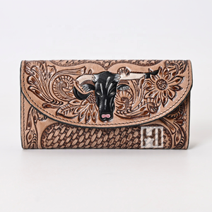 Portefeuille trifold en cuir de vachette pour femme, motif floral brodé - Product Image 1