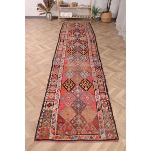 Vintage 2.9x12.2 ft Rug, <b>Runner</b> Turkish Rug, <b>Red</b> Gray Floral Wool Rug - Product Image 1