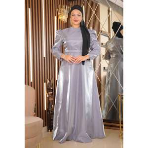 Vestido de Noche Gris MSW19128-4 Tallas Grandes para Mujer, Vestido Formal de Fiesta con Crochet, Hombros Fruncidos, Abertura Alta, Largo Maxi Estilo Imperio - Product Image 1