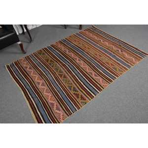 Alfombra Turca Vintage de 4.3x6.3 pies, Alfombra de Lana con Diseño a Cuadros Azules - Product Image 5