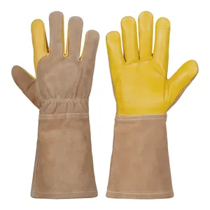 Venta al por mayor de cuero partido protector de visón resistente al calor manejo de animales guantes de visón de cuero de manga larga