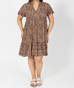 Vestido Casual de Verano para Mujer Tallas Grandes, Estampado de Leopardo, Gasa, Corte A, Ecológico, Vintage, Cuello en V, Manga Casquillo, Escalonado, Largo hasta la Rodilla - Product Image 4