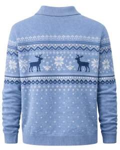 Suéter Polo de Punto de Lana Azul Cielo para Hombre, Personalizado por el Fabricante, Invierno, Manga Larga, Patrón Nórdico, Cuello con Botones, Cálido, Informal - Product Image 2