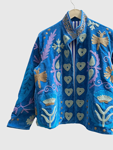 Blue Velvet Embroidered Jacket Mandarin Collar Full Sleeve Plus Size Women'<b>s</b> Floral Pattern Hand Embroidery Autumn Wear - Product Image 6