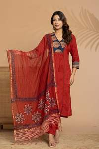 Pantalon de fête extensible en pur coton brodé à séchage rapide évacuant l'humidité Kurti Pocket Dupatta Casual 3 pièces pour adultes - Product Image 2