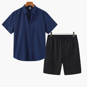 Ensemble chemise et short décontracté en coton 100% de luxe, à manches courtes, motif uni, vente flash d'été, ensemble deux pièces pour homme - Product Image 3