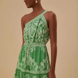 Печатное зеленое и белое длинное платье для женщин Повседневное платье