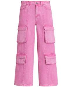 Manufacturer Custom Pink Denim Cargo Pants For <b>Women</b> High Waist Multi Pocket Wide Leg Loose Fit Streetwear Fashion Casual <b>Jeans</b> - Product Image 1