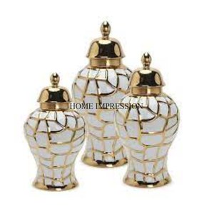 Set of 3 Customized Size & Logo Available Most Attractive Look White & Gold Color Unique Fancy Designer Food Storage Ginger <b>Jar</b> - Product Image 1