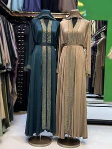 Wholesale Modest Dubai Beaded <b>Sequined</b> Long Sleeve Abaya Muslim Traditional Handmade Wedding Women Polyester Breathable V Neck - Product Image 3