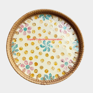 Natural Rattan Woven Round Serving <b>Tray</b> With <b>Decorative</b> Floral Mother-Of Pearl Inlay Home Decor & Kitchen Tabletop Accent - Product Image 1