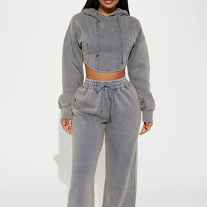 Ensemble de survêtement décontracté pour femme en coton à col roulé et coupe courte, gris délavé, motif lettres, grandes tailles, avec badge, collection automne-hiver - Product Image 5