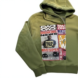 Sweat à capuche oversize personnalisé en molleton brodé, style streetwear, délavé à l'acide, effet usé, vintage, avec fermeture éclair et strass, couleur unie, effet soleil délavé - Product Image 5