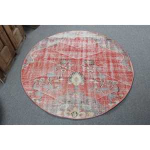 Alfombra Turca Vintage Redonda de 4.5x4.5 pies (136x136 cm), Alfombra Roja Sólida - Product Image 1