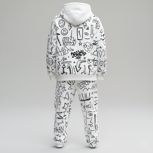 Chándal Holgado Vintage para Hombre con Lavado Ácido, Estampado de Doodle y Graffiti en Blanco y Negro, Algodón Pesado, Forro Polar Sólido con Capucha - Product Image 2