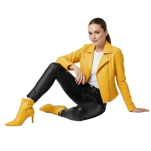 แจ็คเก็ตหนังแท้สีเหลืองสำหรับผู้หญิง สไตล์นักขี่มอเตอร์ไซค์ ผลิตตามแบบ OEM ODM รับผลิตตามสั่ง ขายส่งจำนวนมาก ราคาโรงงาน แฟชั่นสำหรับผู้หญิง - Product Image 1