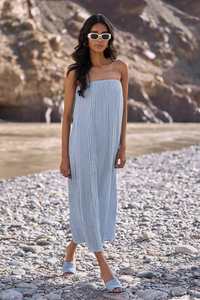 Vestido MIDI con hombros descubiertos TRITURADO a mano azul cielo texturizado Tejido ecológico con cremallera lateral superior elástica Detalle de dobladillo de lechuga - Product Image 4