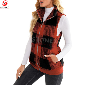 Veste polaire femme sans manches avec poches chaud fermeture éclair vêtements d'extérieur léger Plaid col montant gilet - Product Image 3