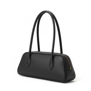 Black Genuine Leather Barrel <b>Bag</b> Women Fashion Two Long Handles <b>ZIP</b> Closure Water Resistant 90s Style Minimalist Shoulder <b>Tote</b> - Product Image 5