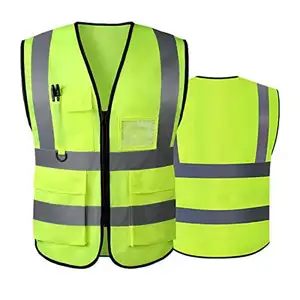 Segurança rodoviária vestuário de segurança reflexivo oi vis segurança Vest Com Zipper Multi bolsos Reflective Jacket Segurança Tráfego
