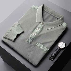 Polos informales para hombre primavera otoño nuevo botón de solapa sólido bolsillo Streetwear moda Oficina Social manga larga Tops - Product Image 2