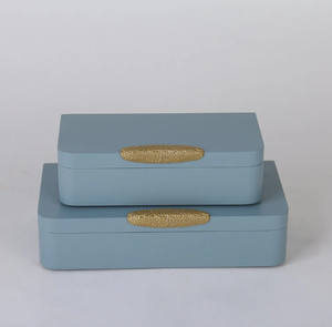 AK Brass Large Capacity Rectangular Leather & Mdf Jewellery <b>boxes</b> in Light Blue & Gold Color Set of 2 For Table Decor - Product Image 1
