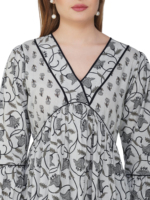 Sati Factory Été Casual Coupe Droite Longue Coton Maxi Robe Col V Motif Imprimé Floral Manches Longues Taille Empire Blanc Noir