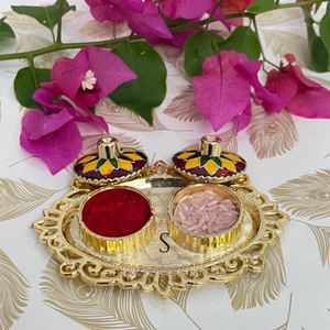 Petit Kumkum de créateur, plateau de Chawal Thali Belle couverture de créateur Thali's plaqué or pour mariage, Puja, Mehndi, Festivals - Product Image 6