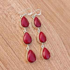ต่างหูหินสีแดงปะการังหลายแบบห้อย925เครื่องประดับ Boho ชุบเงินทำด้วยมือของขวัญสำหรับต่างหูลดลงชาติพันธุ์ของเธอ - Product Image 1