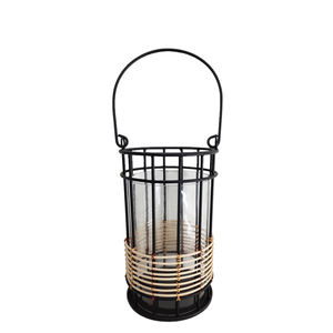 Set of 2 Iron <b>Glass</b> & Plastic Lantern With Handle Black & Natural Color Small Size Outdoor Lantern for Garden Decoration - Product Image 1