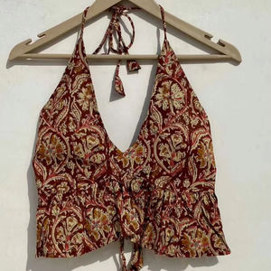 Top sin mangas de algodón con estampado Floral Vintage Kalamkari con cuello Halter y decoración bordada tela de punto transpirable - Product Image 1