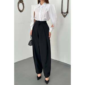 <b>Black</b> Pleated <b>Satin</b> <b>Trousers</b> - <b>Black</b> - Product Image 3