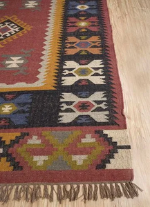 Alfombra de área Kilim Vintage impresa, Alfombra de yute de lana rectangular hecha a mano para sala de estar, Patio o Hotel Boutique - Product Image 3