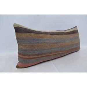 Alfombra de lana Kilim Beige a rayas sutiles, almohada de 16x36 pulgadas, patrón Vintage tejido a mano - Product Image 3