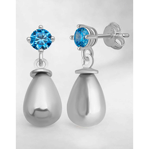Nuevos pendientes de plata de ley 925 con circonita azul de 4 mm y perla de concha blanca de Turquía. - Product Image 5